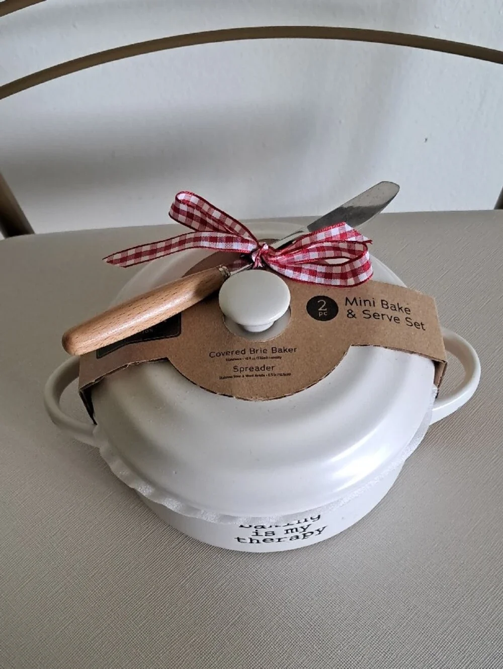 Joseph A White Covered Casserole with Spatula and Red Gingham Ribbon